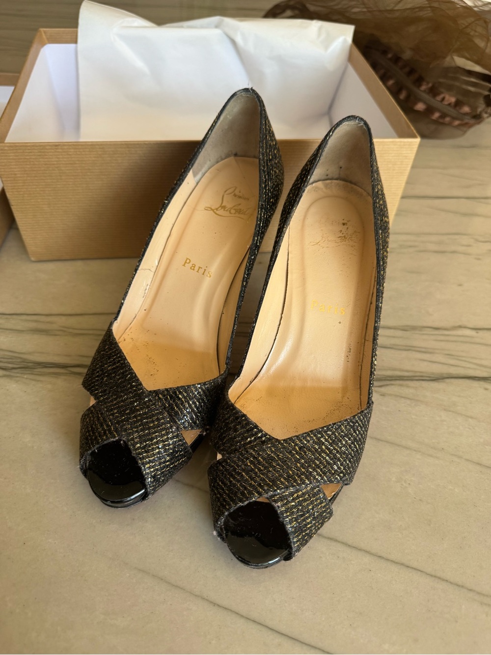 Christian Louboutin Black Metallic Peep-Toe Woven Heels